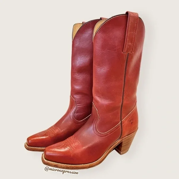 1990’s Frye Vintage Leather Pull On Cognac Red Low Heel Embroidered Cowboy Boot - Picture 7 of 13